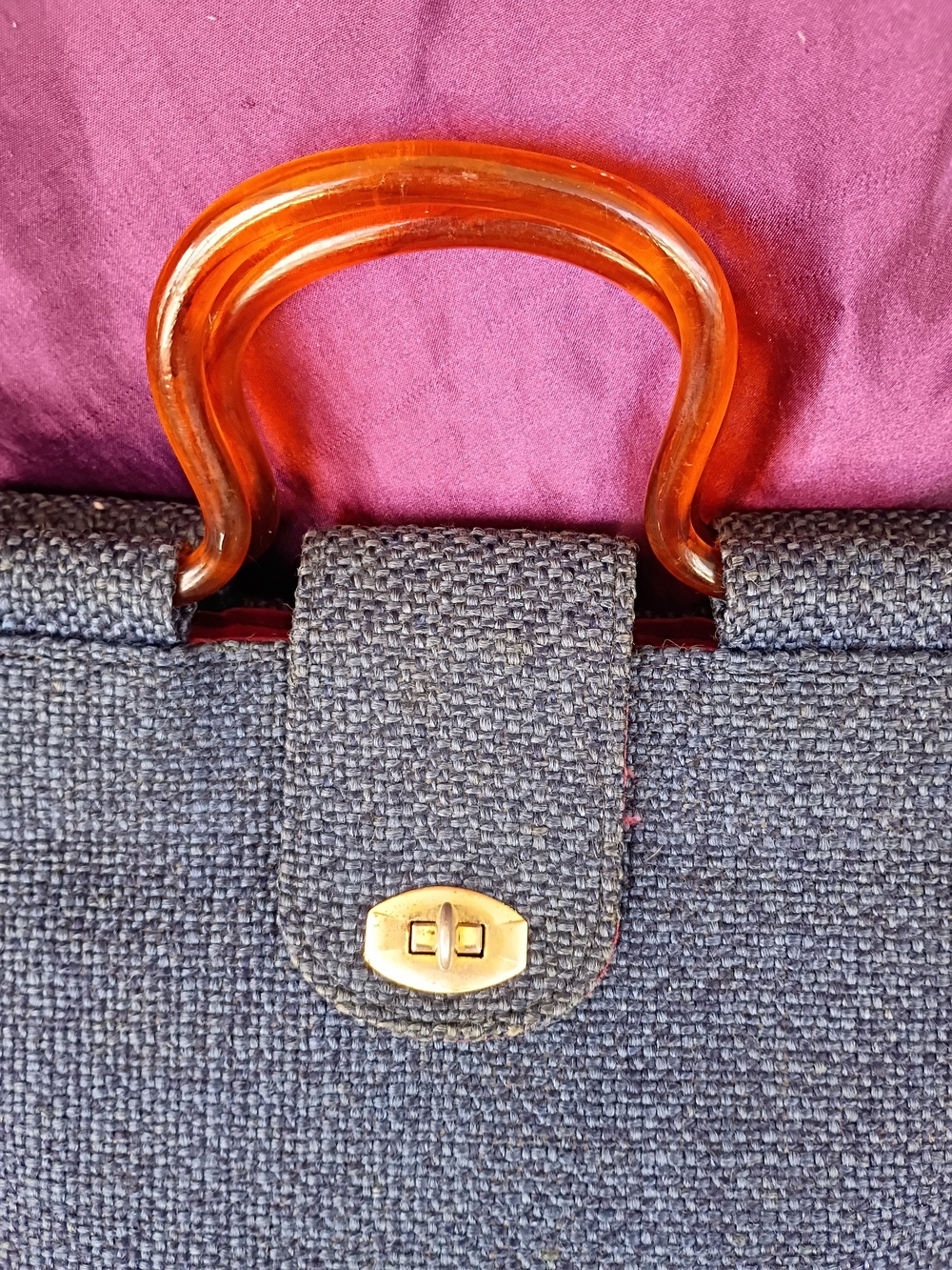 Navy Floral Needlepoint Satchel with Amber Handles - Picture 4 of 16